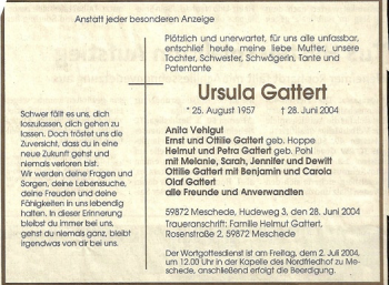 Traueranzeige von Ursula Gattert von Tageszeitung